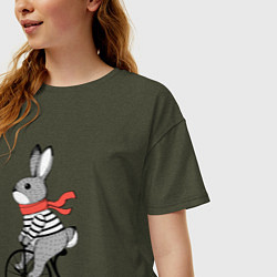 Футболка оверсайз женская Заяц на велосипеде, цвет: меланж-хаки — фото 2