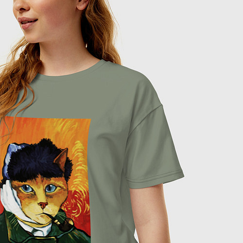 Женская футболка оверсайз Кот Ван Гога портрет с отрезанным ухом - пародия / Авокадо – фото 3