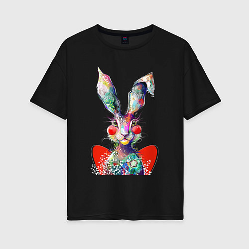Женская футболка оверсайз Влюблённый акварельный заяц с сердцем / Черный – фото 1