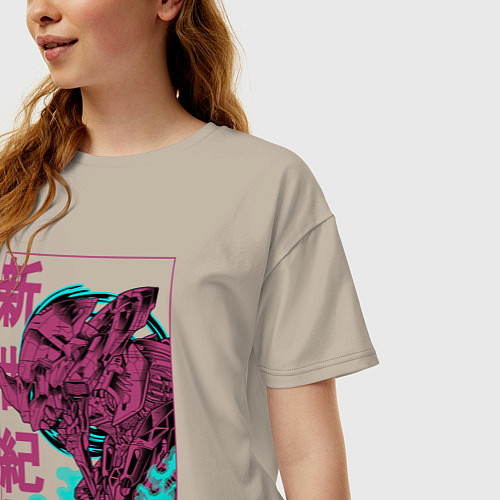 Женская футболка оверсайз Евангелион eva-01 neon genesis / Миндальный – фото 3