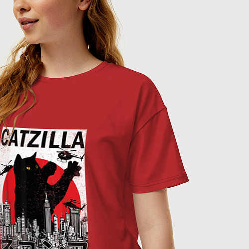 Женская футболка оверсайз Catzilla in Tokyo мем / Красный – фото 3