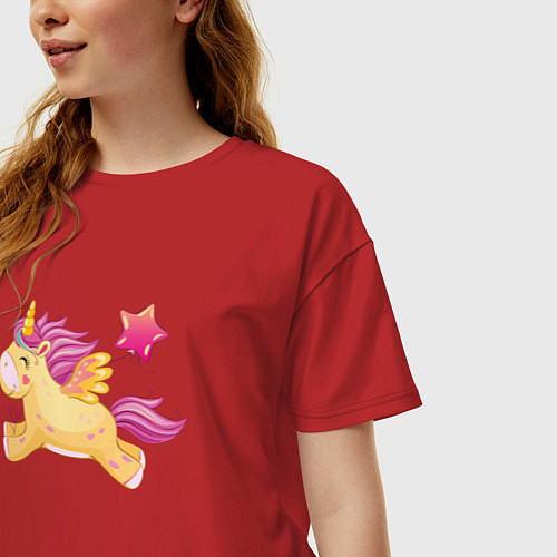 Женская футболка оверсайз Единорог с шариком в виде сердечка / Красный – фото 3