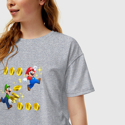 Женская футболка оверсайз Луиджи и Марио собирают монетки / Меланж – фото 3