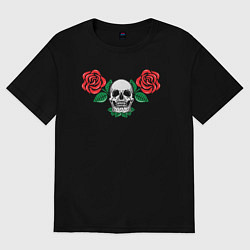 Футболка оверсайз женская Череп и красные розы, цвет: черный