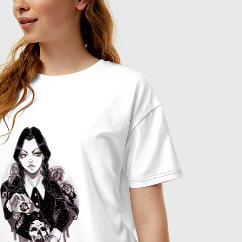 Женская футболка оверсайз Уэнсдэй с черепом и розами / Белый – фото 3