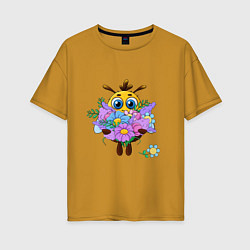Футболка оверсайз женская Пчелка с цветами, цвет: горчичный