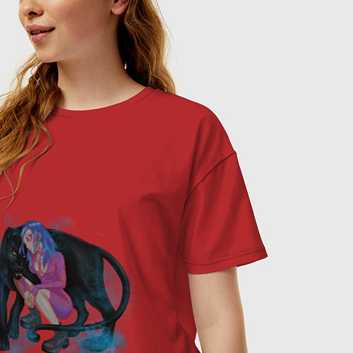 Женская футболка оверсайз Девушка с пантерой / Красный – фото 3