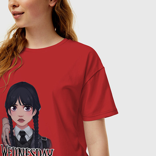 Женская футболка оверсайз Уэнсдэй с рукой арт / Красный – фото 3