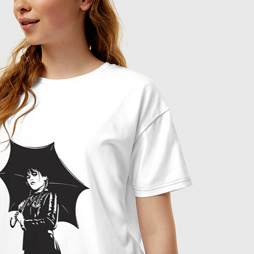 Женская футболка оверсайз Уэнсдей Аддамс с зонтом черно-белый / Белый – фото 3