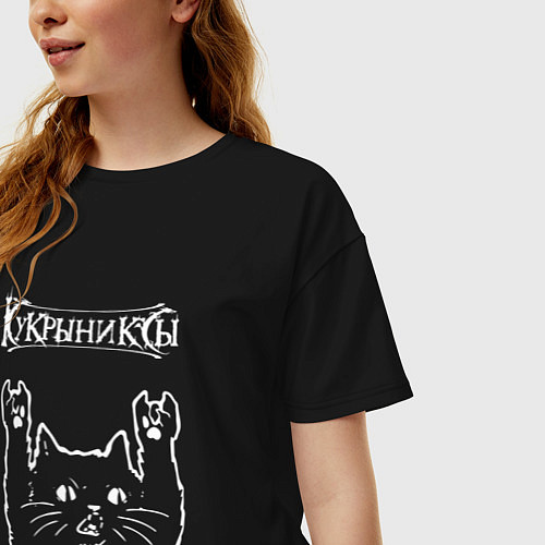 Женская футболка оверсайз Кукрыниксы рок кот / Черный – фото 3