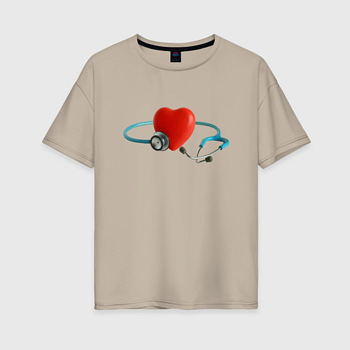 Женская футболка оверсайз Здоровое сердце - стетоскоп / Миндальный – фото 1