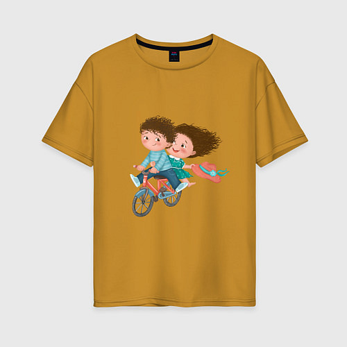 Женская футболка оверсайз Влюбленные на велосипеде / Горчичный – фото 1
