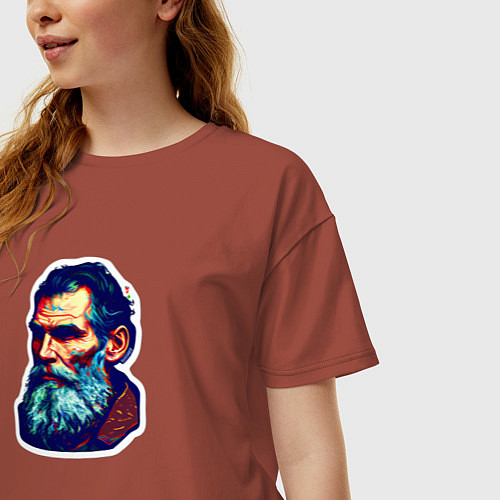 Женская футболка оверсайз Лев Толстой арт / Кирпичный – фото 3