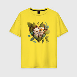 Футболка оверсайз женская Котята в листьях и сердце из аниме, цвет: желтый