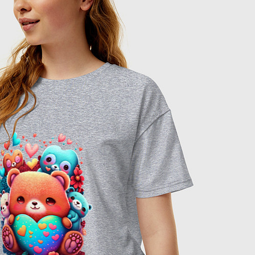 Женская футболка оверсайз Медведи и сердечки / Меланж – фото 3