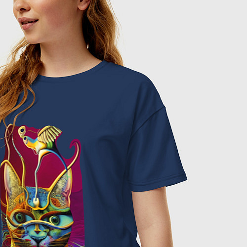 Женская футболка оверсайз Модерновый кот - нейросеть - art / Тёмно-синий – фото 3