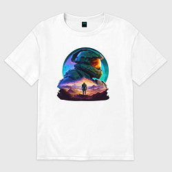 Футболка оверсайз женская Киборг и космический пейзаж, цвет: белый