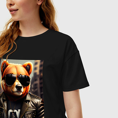 Женская футболка оверсайз Медведь рокер / Черный – фото 3