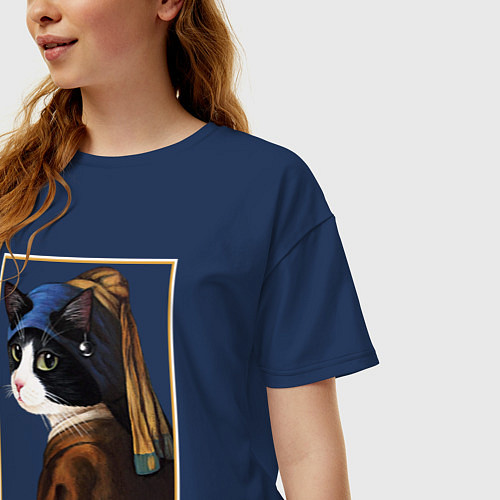 Женская футболка оверсайз Кошечка с жемчужной сережкой Ян Вермеер / Тёмно-синий – фото 3