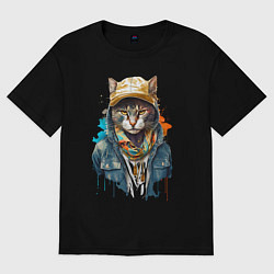 Футболка оверсайз женская Кот репер, цвет: черный