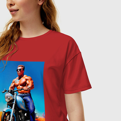 Женская футболка оверсайз Arnold Schwarzenegger on a motorcycle -neural netw / Красный – фото 3