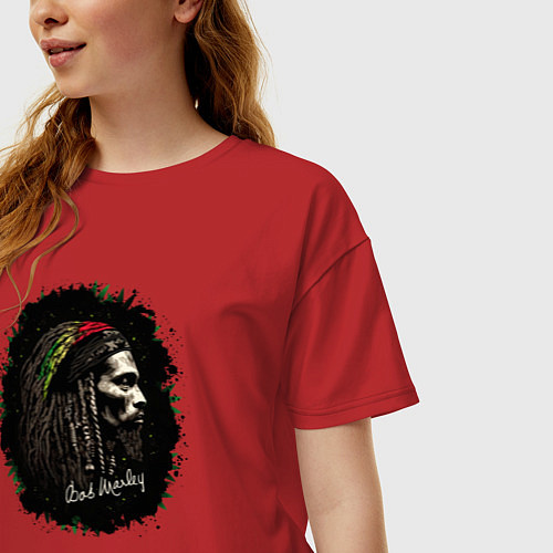 Женская футболка оверсайз Боб Марли с автографом музыканта / Красный – фото 3