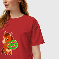 Футболка оверсайз женская Лошадка с букетом, цвет: красный — фото 2