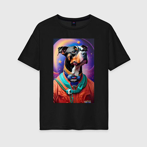 Женская футболка оверсайз Питбуль космонавт - нейросеть / Черный – фото 1