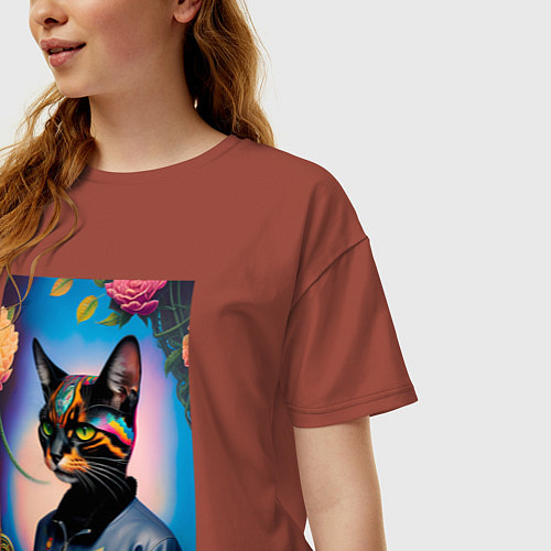 Женская футболка оверсайз Модная кошечка - нейросеть / Кирпичный – фото 3