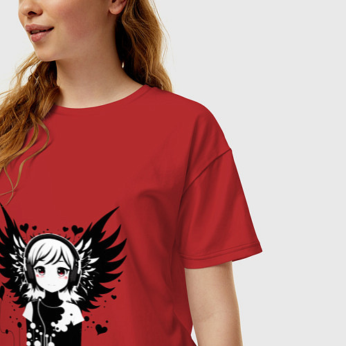 Женская футболка оверсайз Cute anime cupid angel girl wearing headphones / Красный – фото 3