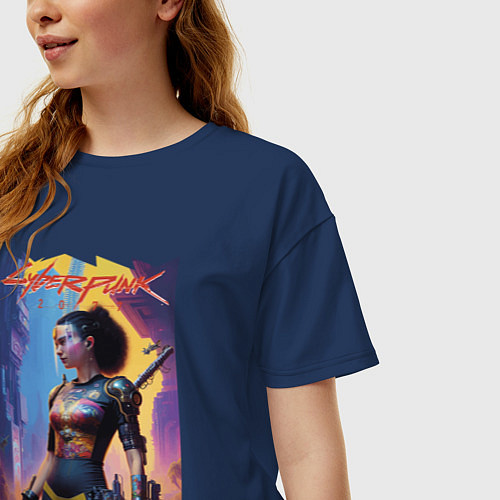 Женская футболка оверсайз Cyberpunk 2077 - character - neural network / Тёмно-синий – фото 3