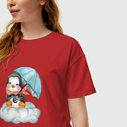 Футболка оверсайз женская Пингвин на облаке с зонтом, цвет: красный — фото 2