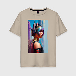 Футболка оверсайз женская Girl in helmet - cyberpunk - neural network, цвет: миндальный