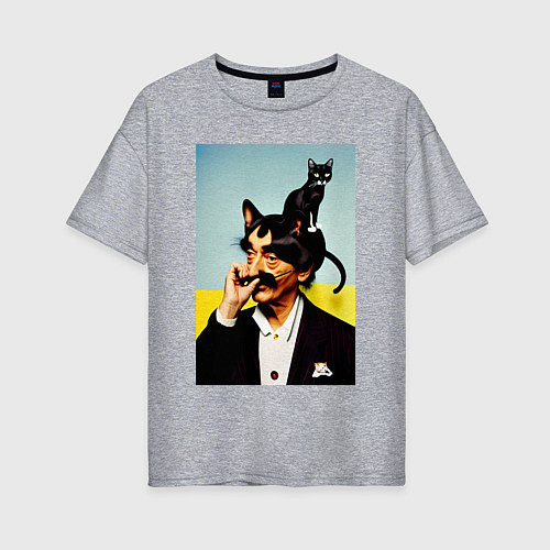 Женская футболка оверсайз Salvador Dali and black cat / Меланж – фото 1