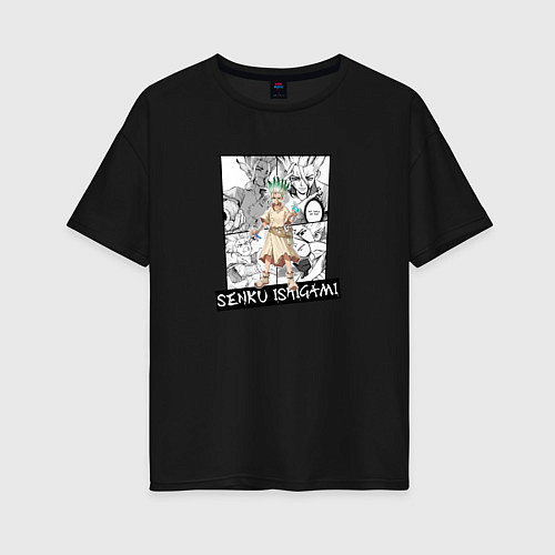 Женская футболка оверсайз Сенку Ишигами на фоне манги / Черный – фото 1