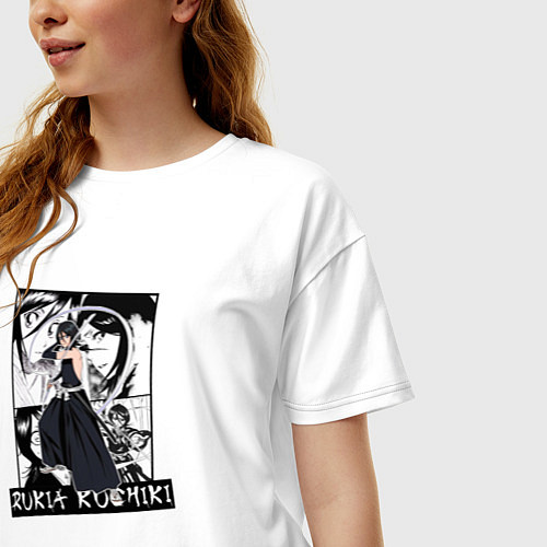 Женская футболка оверсайз Рукия Кучики на фоне манги / Белый – фото 3