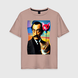Футболка оверсайз женская Salvador Dali and cat, цвет: пыльно-розовый