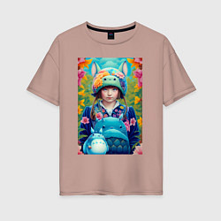 Футболка оверсайз женская Girl with Totoro - fantasy - neural network, цвет: пыльно-розовый