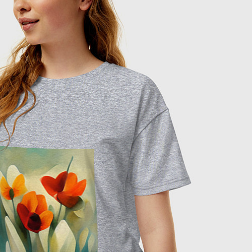 Женская футболка оверсайз Тюльпаны в стиле импрессионизм / Меланж – фото 3