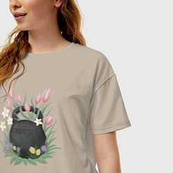 Футболка оверсайз женская Кроссфит гиря в цветах, цвет: миндальный — фото 2