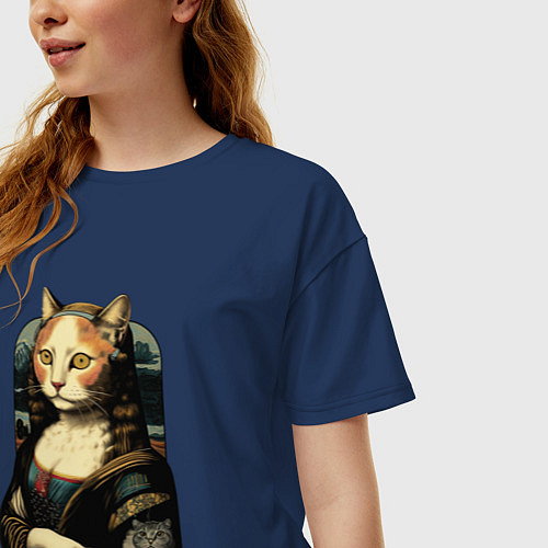 Женская футболка оверсайз Кошка Мона Лиза / Тёмно-синий – фото 3