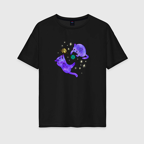 Женская футболка оверсайз Космические коты, играющие планетами / Черный – фото 1