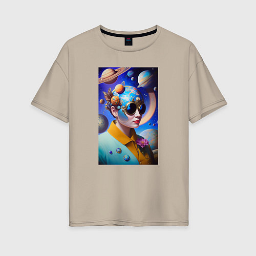 Женская футболка оверсайз Футуристическая женщина и планеты / Миндальный – фото 1
