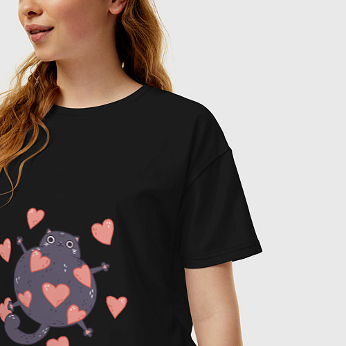 Женская футболка оверсайз Мартовский котик в любви / Черный – фото 3