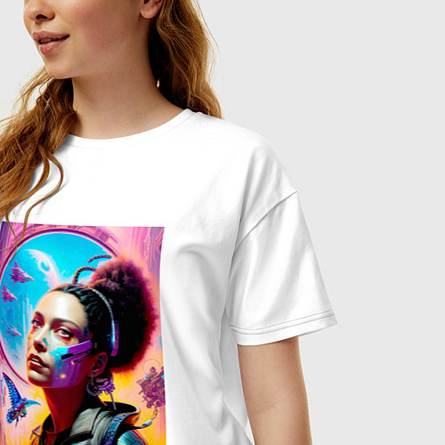 Женская футболка оверсайз Девчонка с имплантами - киберпанк / Белый – фото 3