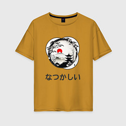 Футболка оверсайз женская Ностальгия - японские иероглифы, цвет: горчичный