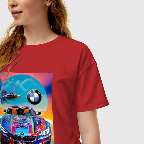 Женская футболка оверсайз BMW - car - Germany / Красный – фото 3