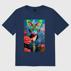 Футболка оверсайз женская Кошачья мода - нейросеть - живопись, цвет: тёмно-синий