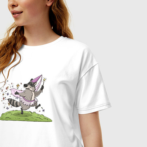 Женская футболка оверсайз Енот цветочная фея / Белый – фото 3