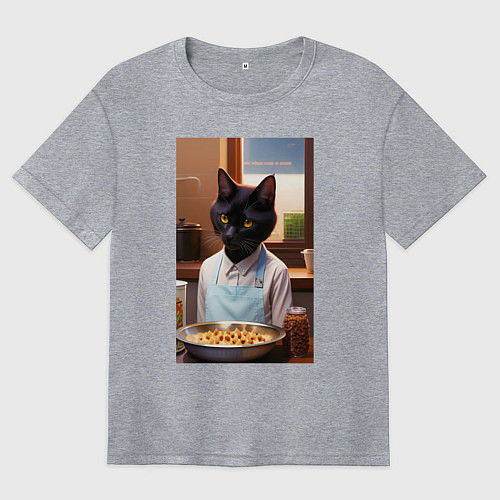 Женская футболка оверсайз Кот повар с десертом / Меланж – фото 1
